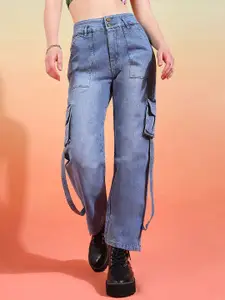 DressBerry Women Comfort Wide Leg High-Rise Light Fade Cargo Stretchable Jeans