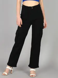 DressBerry Women Comfort Wide Leg High-Rise Light Fade Acid Wash Stretchable Cargo Jeans