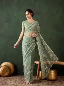 DEVATITHI Embroidered Beads and Stones Sea Green Simmer Saree