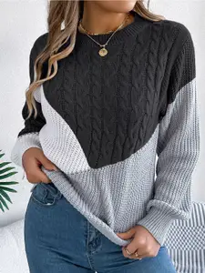 StyleCast x Revolte Women Cable Knit Colourblocked Pullover