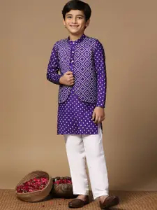 FASHION DREAM Boys Bandhani Printed Mandarin Collar Kurta With Pyjama & Nehru Jacket