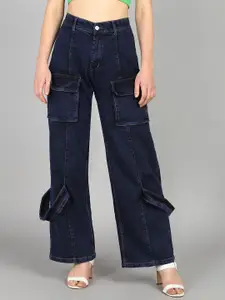 DressBerry Women Comfort Wide Leg High-Rise Light Fade Stretchable Cargo Jeans