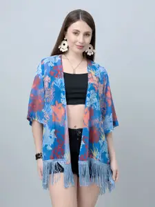 PURYS Women Printed Tasselled Longline Tropical Shrug