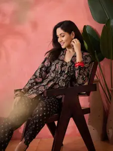 Sangria Floral Printed Pure Cotton Top Shrug & Trousers Co-Ords