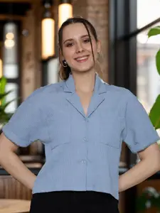 DressBerry Women Classic Boxy Fit Cuban Collar Textured Casual Shirt