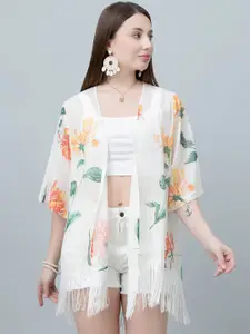 PURYS Women Floral Printed Tasselled Longline Shrug