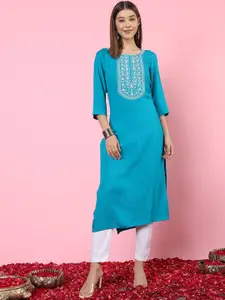 Anouk Rustic Blue Ethnic Motifs Embroidered Thread Work Round Neck Straight Kurta