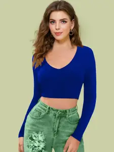Dream Beauty Fashion Women V-Neck Long Sleeves Fitted Crop Top