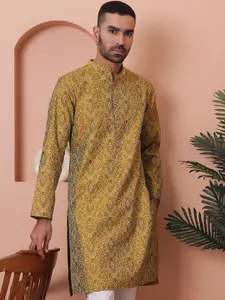 Anouk Yellow & Black Ethnic Motifs Woven Design Band Collar Jacquard Straight Kurta