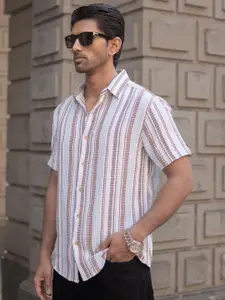 Powerlook Men Spread Collar Vertical Striped Cotton Casual Shirt