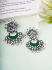 Adwitiya Collection Silver-Plated Stones Studded And Beaded Crescent Shaped Drop Earrings
