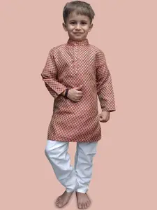 BAESD Boys Woven Design Mandarin Collar Straight Pure Cotton Kurta With Pyjamas