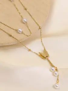 ARTKLIM Gold-Plated Double Layered Beaded & Butterfly Pendant Necklace