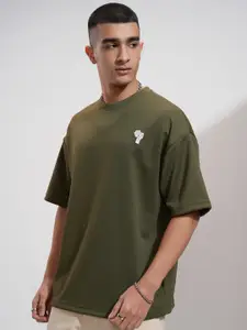 HIGHLANDER Men Round Neck Half Sleeve Oversized Embroidered T-Shirt