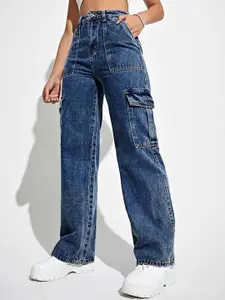 DressBerry Women Comfort Wide Leg High-Rise Light Fade Stretchable Cargo Jeans