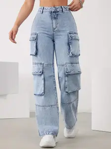 DressBerry Women Comfort Wide Leg High-Rise Light Fade Acid Wash Stretchable Jeans