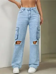 DressBerry Women Wide Leg High-Rise Slash Knee Stretchable Jeans