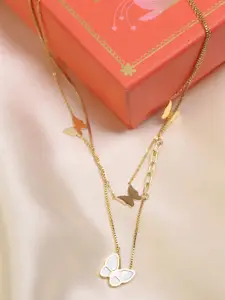 ARTKLIM Stainless Steel Gold-Plated Double Layered Butterfly Charms Pendant Necklace