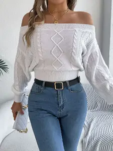 StyleCast x Revolte Women Off-Shoulder Cable Knit Crop Pullover