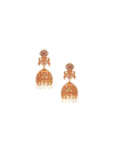 Peora Gold-Plated Artificial Stones Studded Pearls Beaded Dome Shaped Jhumkas