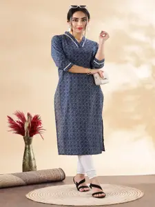 Anouk Blue Geometric Printed Gotta Patti V-Neck Straight Kurta