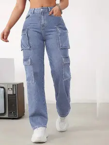 DressBerry Women Comfort Wide Leg High-Rise Light Fade Cargo Stretchable Jeans