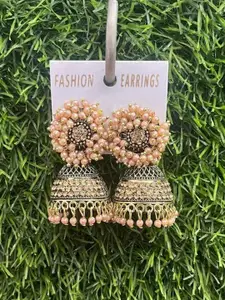 JMBW INTERNATIONAL Sterling Silver Artificial Stones Studded And Beaded Dome Shape Jhumkas