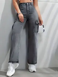 DressBerry Women Comfort Wide Leg High-Rise Light Fade Acid Wash Stretchable Cargo Jeans