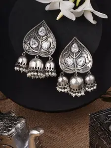 Adwitiya Collection Silver Plated Artificial Stone-Studded Leaf Shaped Drop Earrings