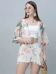 PURYS Floral Printed Tasselled Longline Shrug