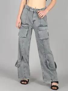 DressBerry Women Comfort Wide Leg High-Rise Acid Wash Stretchable Cargo Jeans