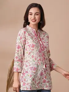 GUNDIA FASHION Floral Embroidered Mirror Work Pure Cotton Mirror Work Kurti