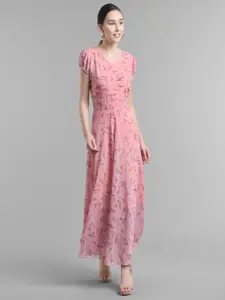 Raabta Fashion Floral Printed Puff Sleeves Georgette Fit & Flare Maxi Dress