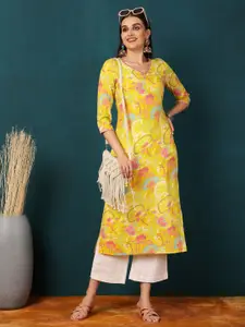 Sa Rasa Floral Printed V-Neck Mirror Work Straight Kurta
