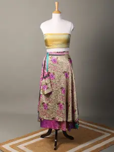 Exotic India Silk Blend Printed Reversible Wrap Maxi Skirt