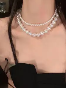 StyleCast White Beaded Layered Elegant Minimal Necklace