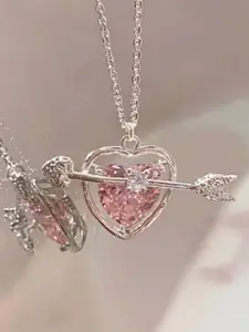 StyleCast Elegant Silver-Toned Stone Studded Heart Shaped Pendant with Chain