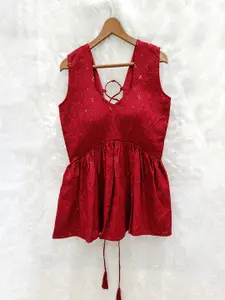 KALINI Sequin Embroidered Sleeveless Laced Up Cotton Empire Top