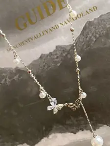 StyleCast Elegant Silver-Toned Stones Studded & Beaded Necklace