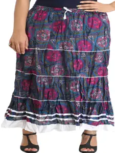 Exotic India Floral Printed Pure Cotton Tiered Maxi Skirt