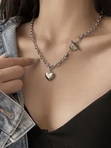 StyleCast Silver-Toned Heart Shaped Elegant Minimal Necklace