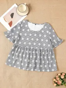 Dream Beauty Fashion Floral Print Round Neck Short Bell Sleeves Ruffles Top