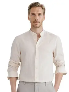 RARE RABBIT Men Comfort Fit Band Collar Solid Formal Shirt