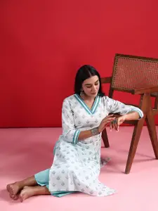 Indo Era Ethnic Motifs Printed V-Neck Cotton Straight Kurta