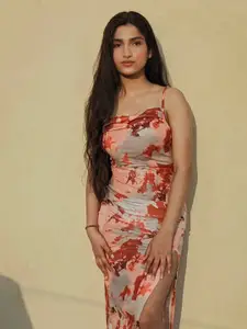 BAESD Abstract Print Shoulder Strap Sheath Midi Dress