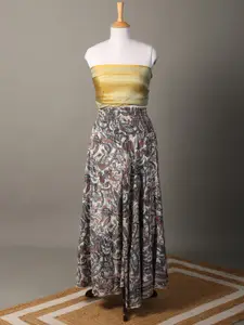 Exotic India Printed A-Line Maxi Skirts With Elastic Belt