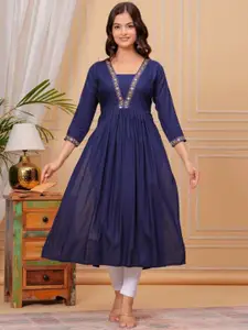 clothonus Floral Embroidered Yoke Design V-Neck Pleated A-Line Kurta