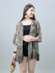 PURYS Abstract Printed Tasselled Open Front Shrug