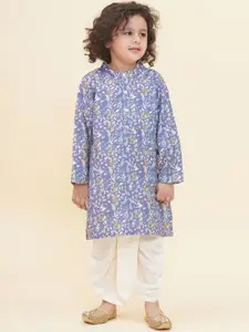 Sethukrishna Boys Floral Printed Band Collar Straight Kurta With Dhoti Pants