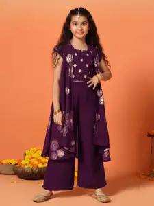 FASHION DREAM Girls Floral Embroidered Sequinned Top with Palazzos & Shrug